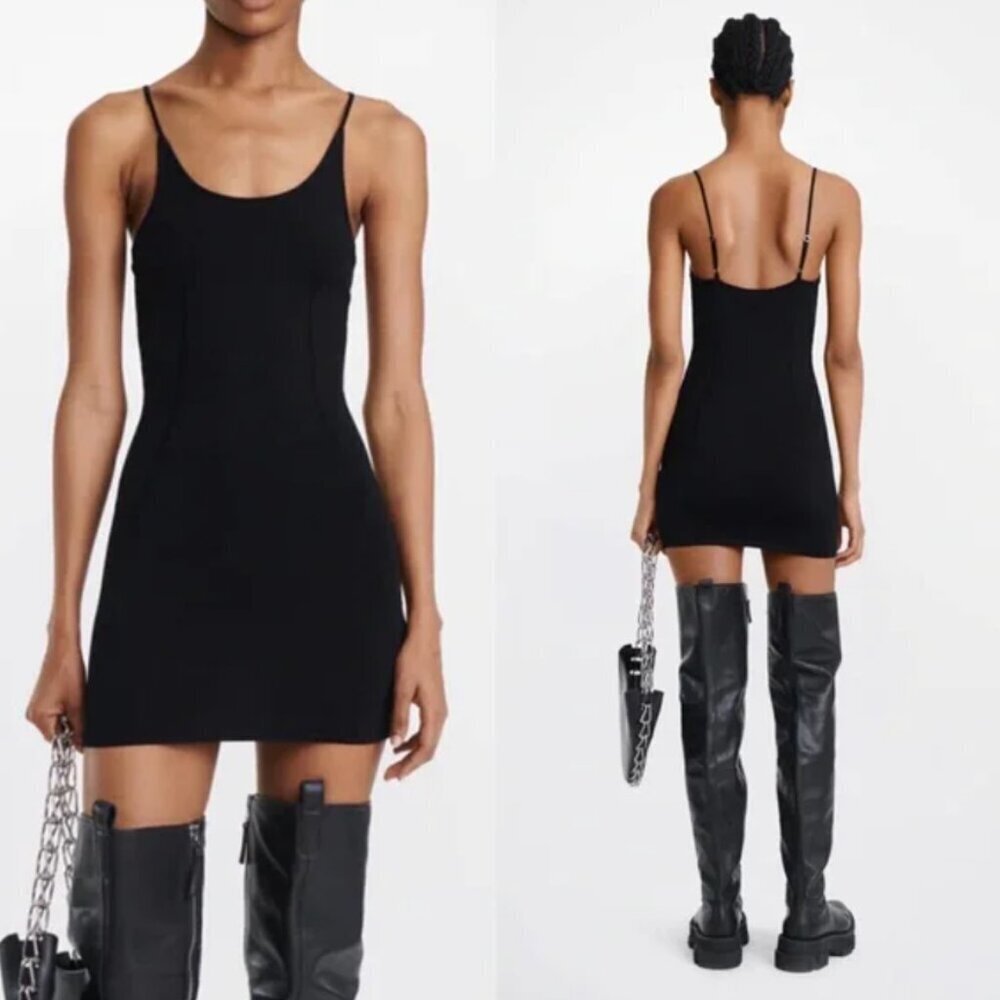 Dion Lee Women's Size AUS L US 8 Knit Shiny Viscose Slip Dress Black Mini Sleeve